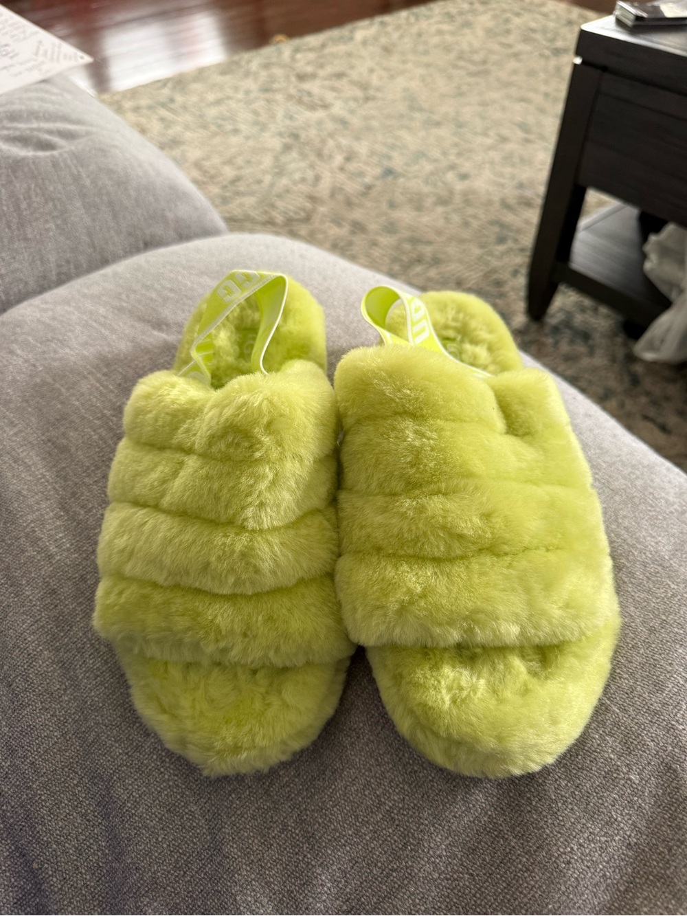 UGG Neon Lime Fluff Slide Sandals - Picture 2 of 3